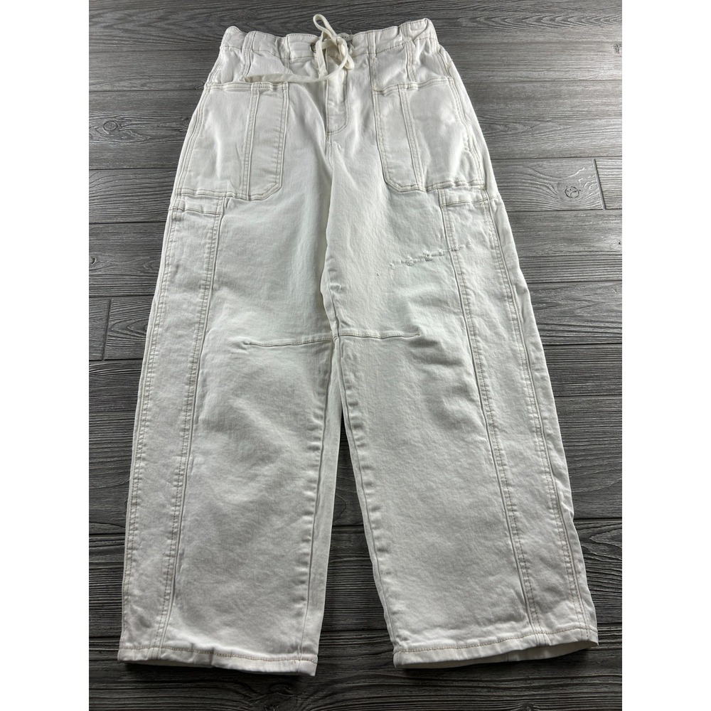 RISEN Full Size High Rise Crop Wide Barrel Cargo Pocket Jeans Size 7/28 White
